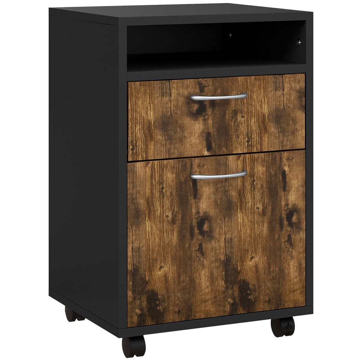 Rustic brown mobile filing cabinet with open shelf, two drawers and castors