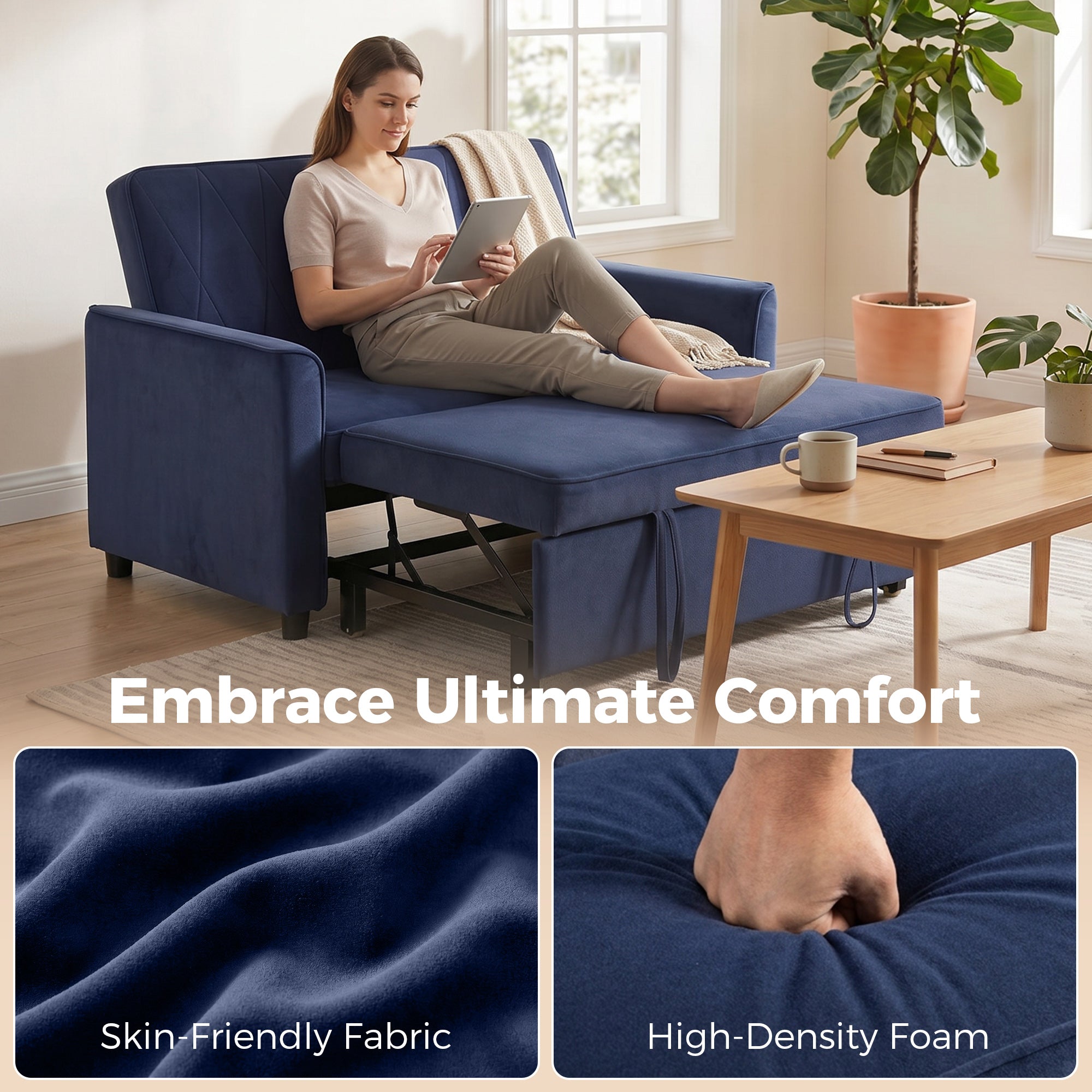 2 Seater Sofa Bed, 3-in-1 Convertible Pull Out Sleeper Sofa with Click-Clack Adjustable Backrest, Dark Blue