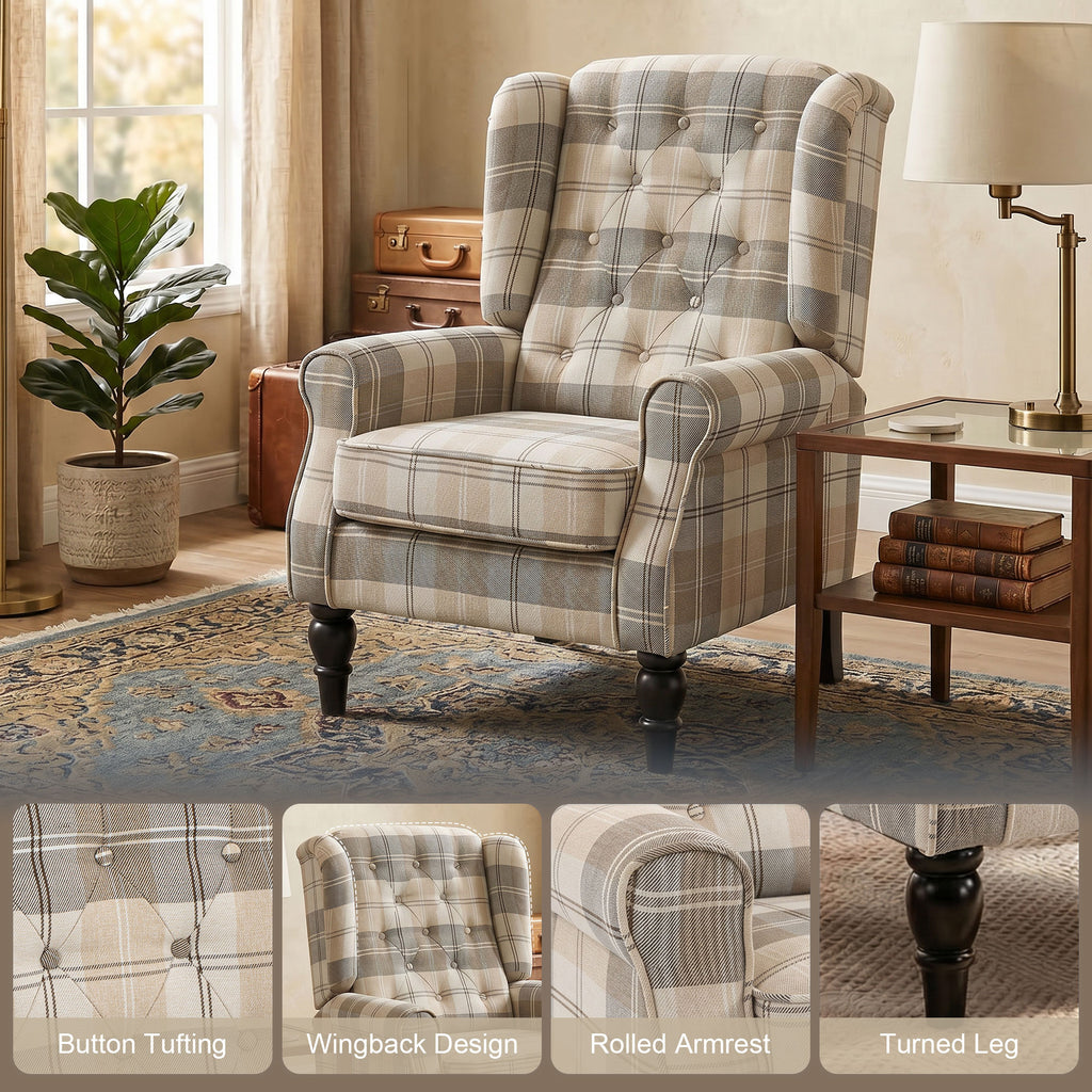 Wingback Accent Chair, Linen-Look Fabric Armchair with Thick Spring Cushion, High Back, Khaki Plaid