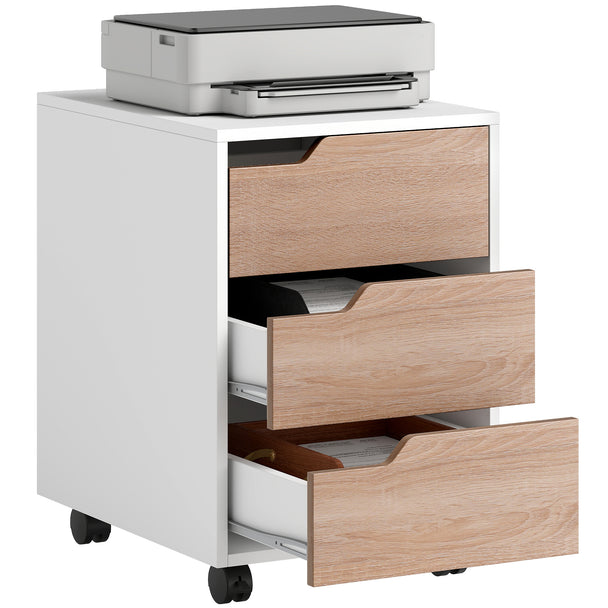Oak-effect 3-drawer mobile filing cabinet on four wheels with cut-out handles