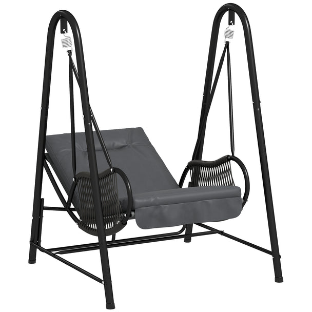 Dark grey single garden swing chair with black steel stand, grey seat cushion and rattan-wrapped armrests