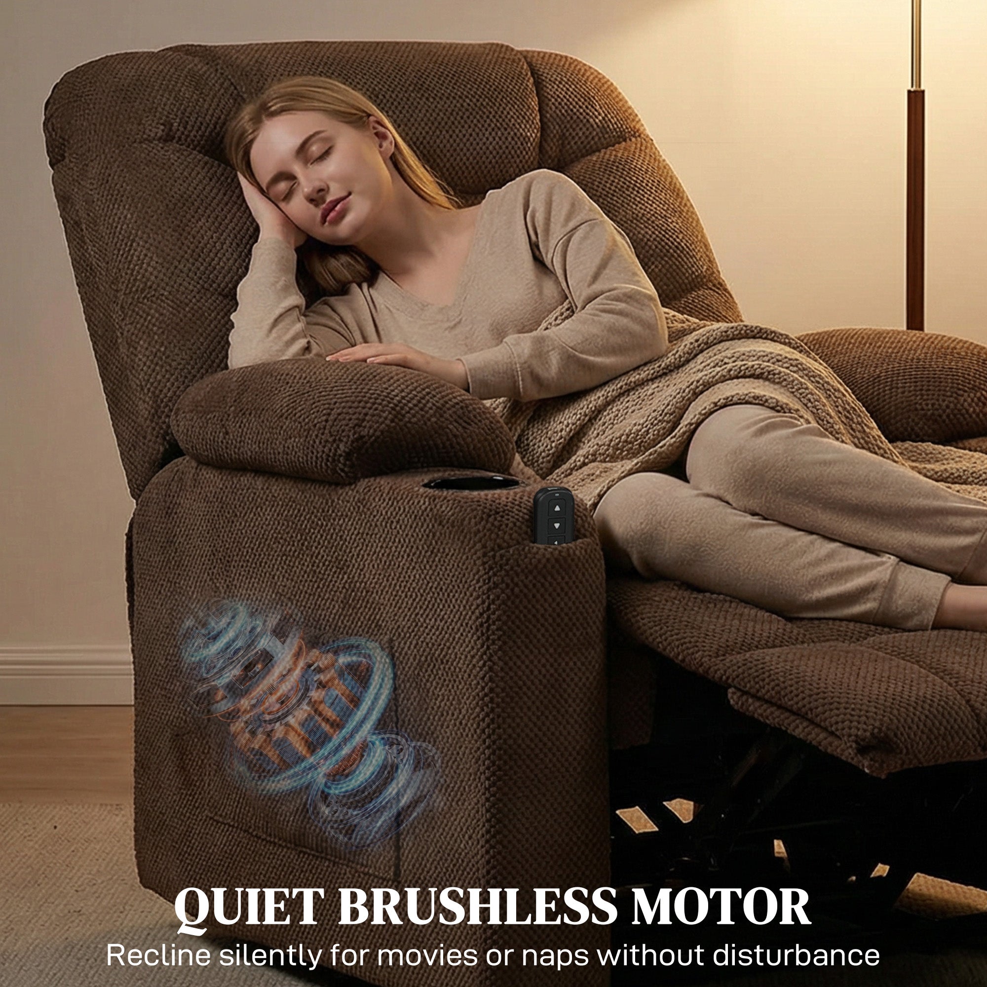 Electric Massage Recliner Armchair with Vibration, Heat, Whisper-Quiet Motor, Memory Function, Fleece Power Reclining Chair with Spring Pack, USB Port, Footrest, Side Pocket, Brown