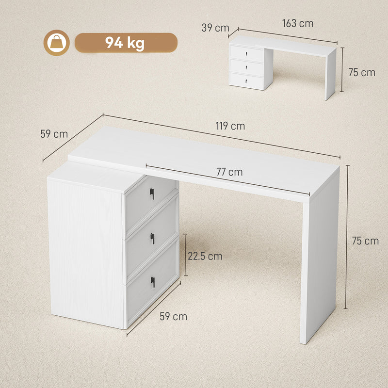 HOMCOM L Shaped Computer Desk with 3 Drawers, 163 x 39 cm Corner Desk, Thick Tabletop, Office Table, White Wood Effect – view 3