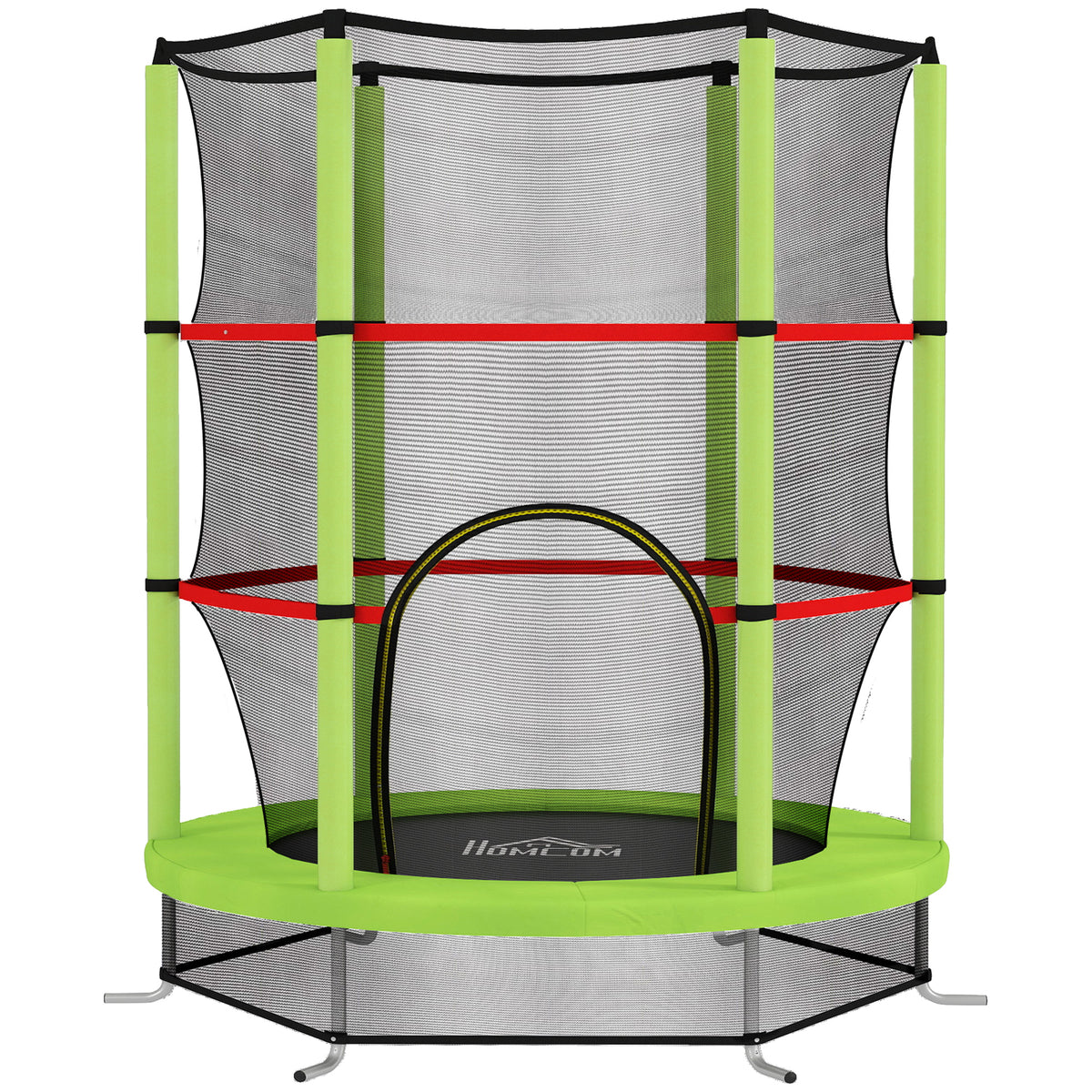 Green and black kids trampoline with enclosure net, padded poles and zipped entrance