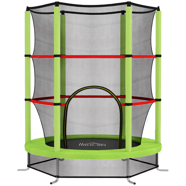 Green and black kids trampoline with enclosure net, padded poles and zipped entrance