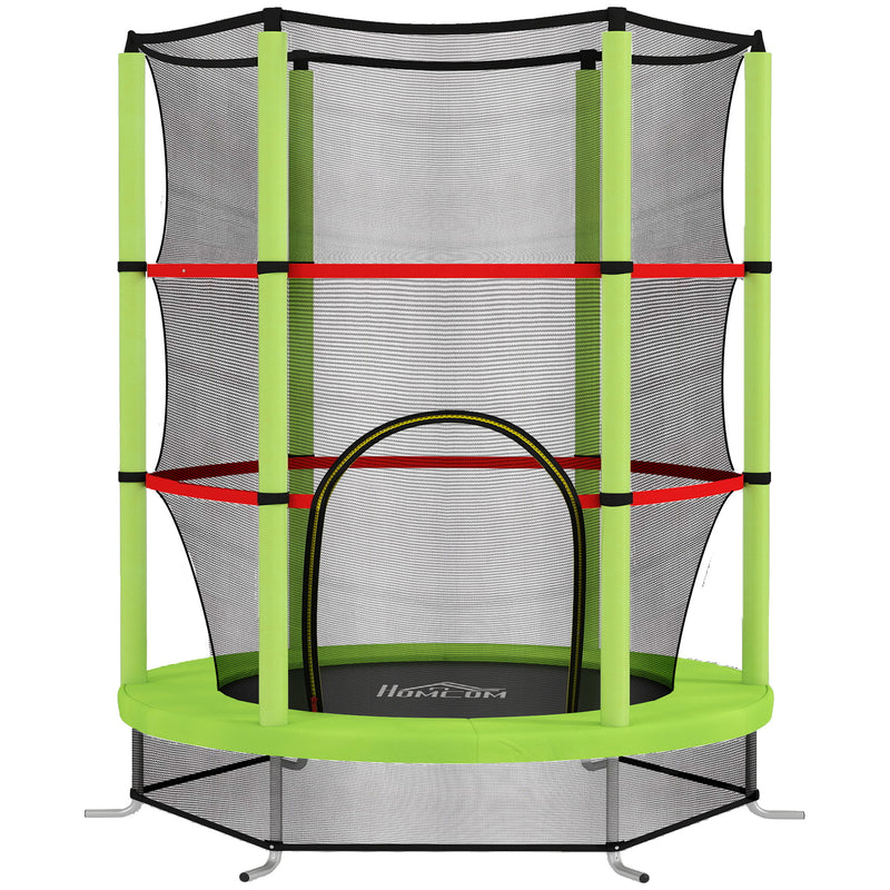 Green and black kids trampoline with enclosure net, padded poles and zipped entrance