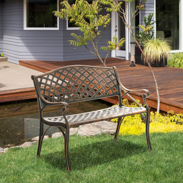 Outsunny Cast Aluminium Outdoor Garden Bench 2 Seater Antique Patio Loveseat, Bronze – view 2