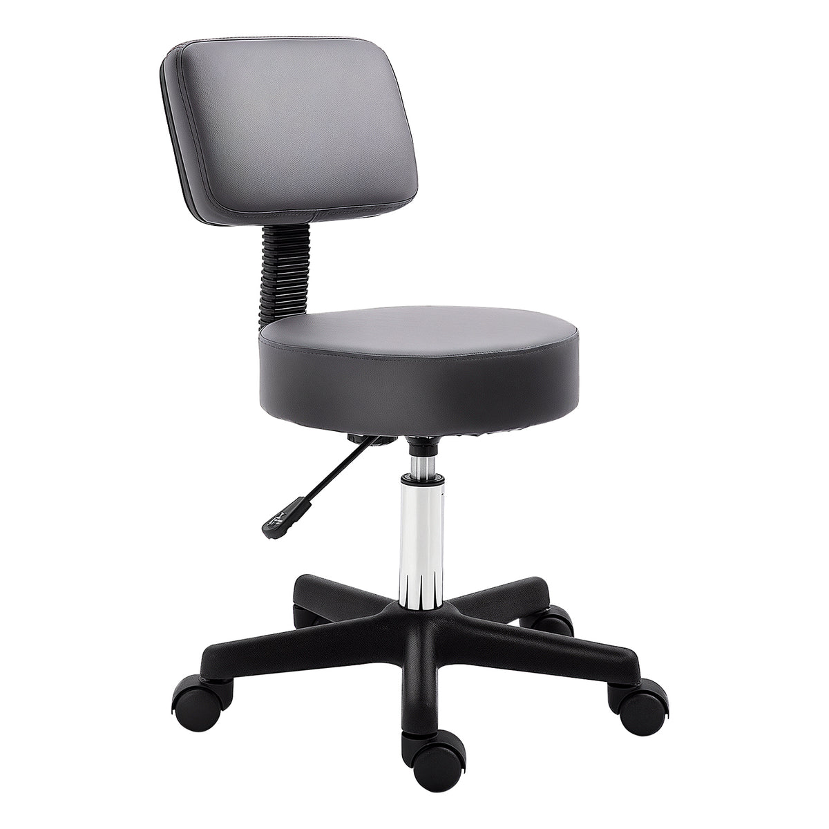 Grey padded salon stool with curved backrest, height-adjustable gas lift and five castor wheels