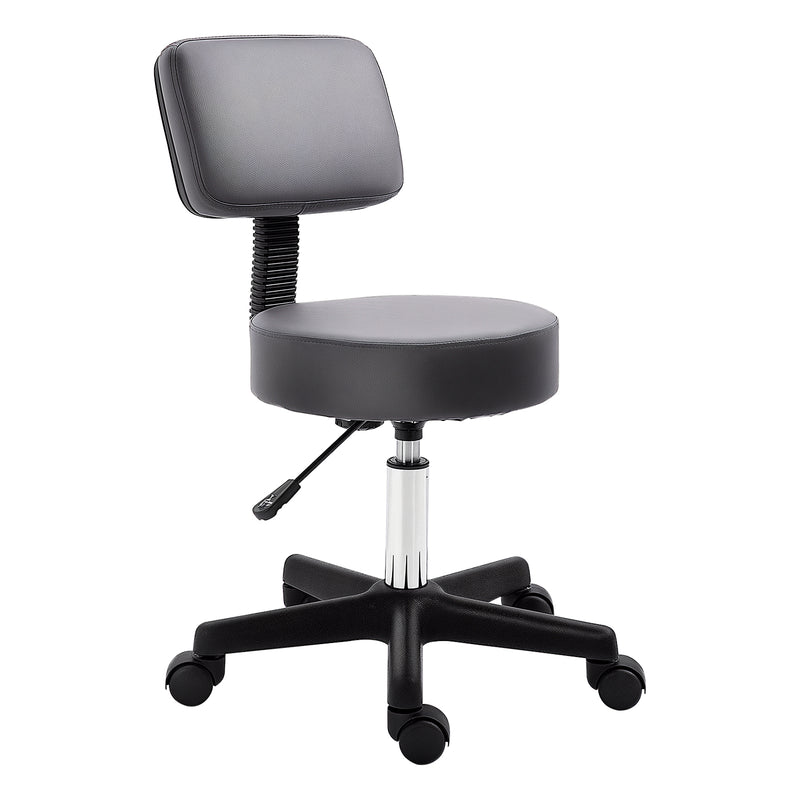 Grey padded salon stool with curved backrest, height-adjustable gas lift and five castor wheels