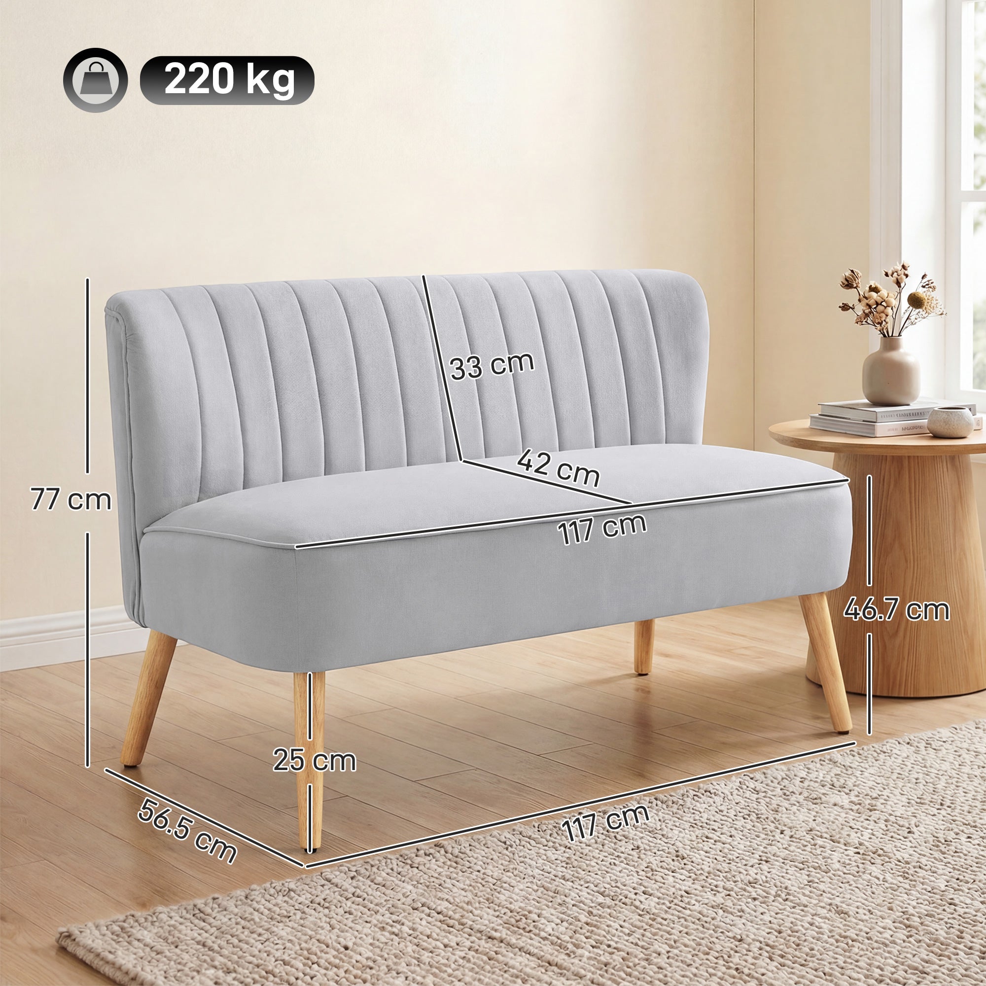 Modern Velvet Double Seat Sofa w/ Wood Frame Foam Padding Soft Comfortable Compact Couch Light Grey