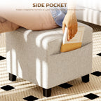 Small Ottoman, Square Footstool with Side Pocket, Rubber Wood Legs and Padded Seat for Living Room, Beige