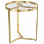 Round Side Table with Tempered Glass Top and Geometric Metal Frame for Small Space, Gold Tone
