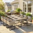 Outsunny 7 Piece Rattan Garden Furniture Set, Garden Dining Set with Wood-Plastic Table and 6 Stackable Chairs, Light – view 2
