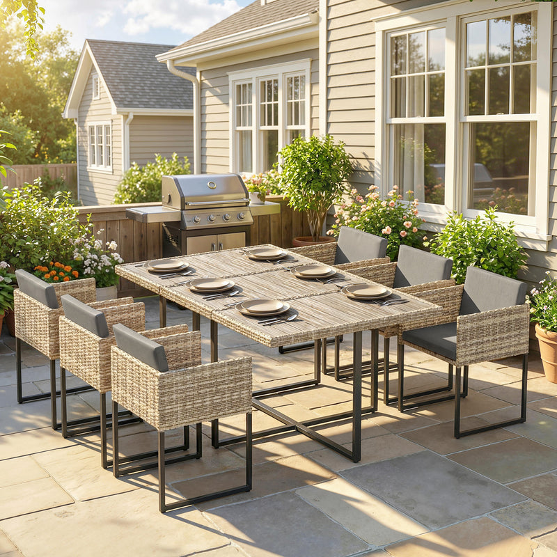 Outsunny 7 Piece Rattan Garden Furniture Set, Garden Dining Set with Wood-Plastic Table and 6 Stackable Chairs, Light – view 2