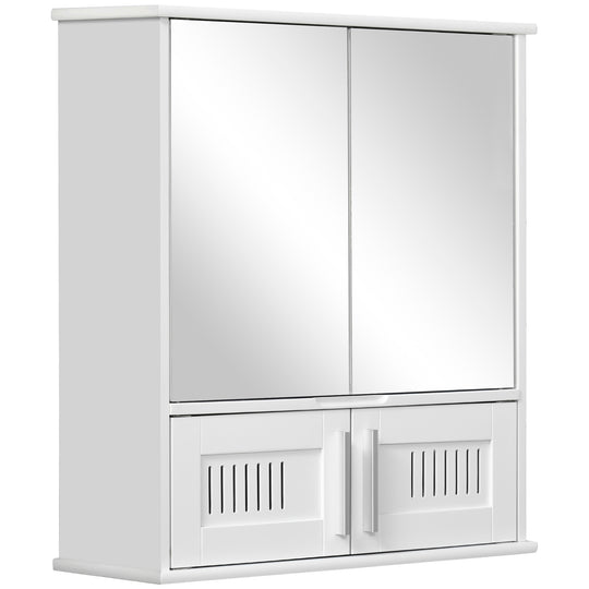 White wall-mounted bathroom mirror cabinet with two mirrored doors and vented lower compartment