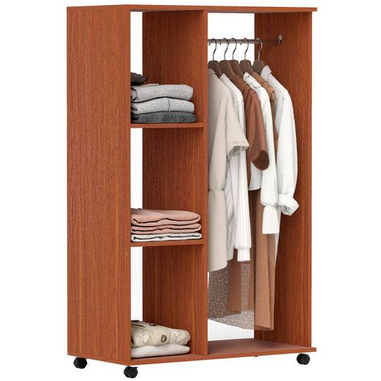 Walnut-effect open wardrobe on wheels with aluminium hanging rail and three side shelves