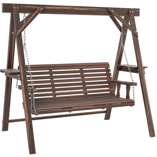 Carbonised fir wood 3-seater garden swing bench with A-frame, chains and side tables