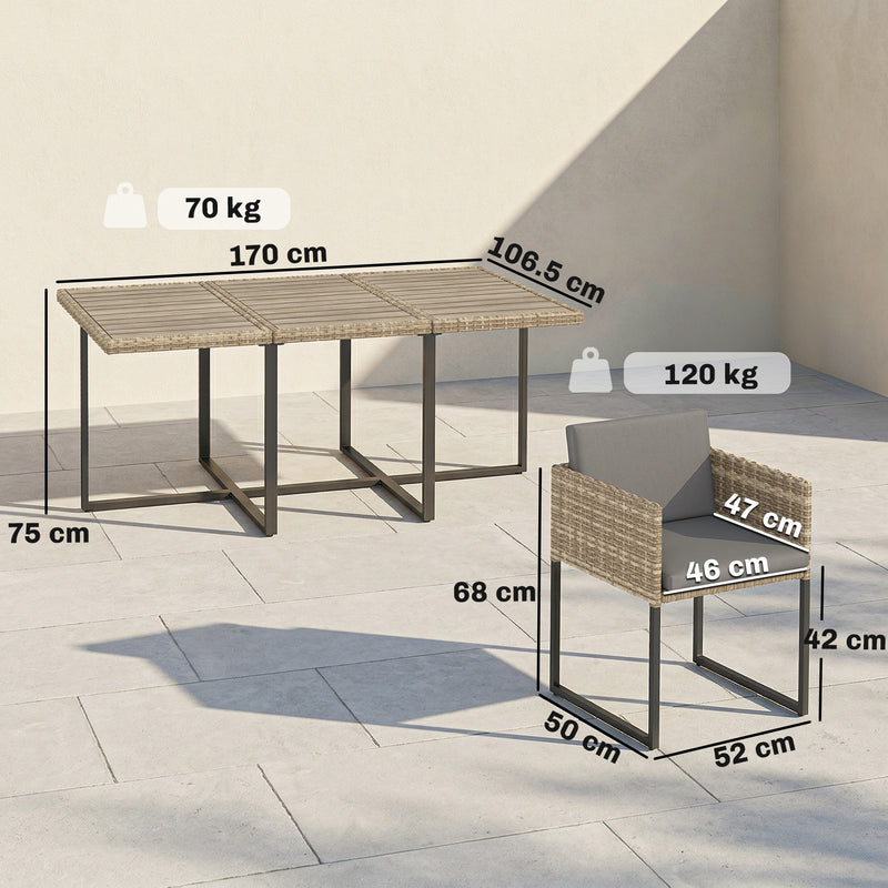 Outsunny 7 Piece Rattan Garden Furniture Set, Garden Dining Set with Wood-Plastic Table and 6 Stackable Chairs, Light – view 3