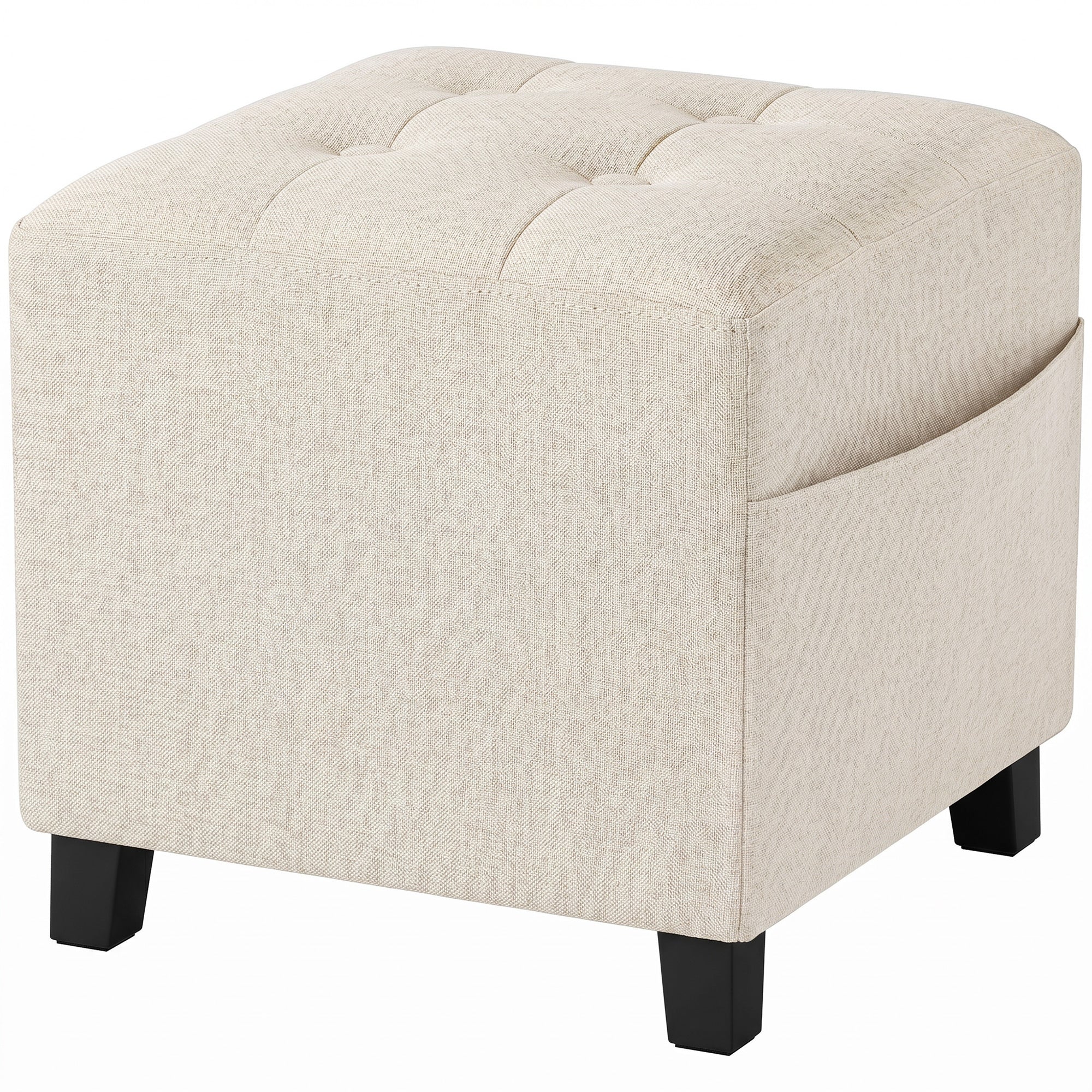 Small Ottoman, Square Footstool with Side Pocket, Rubber Wood Legs and Padded Seat for Living Room, Beige