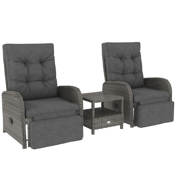 Grey rattan bistro set with two reclining chairs, footrests and a two-tier table