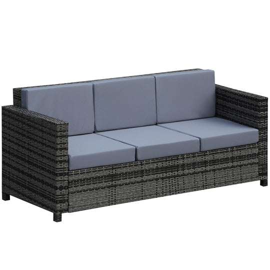 Mixed grey 3-seater rattan garden sofa with thick grey cushions