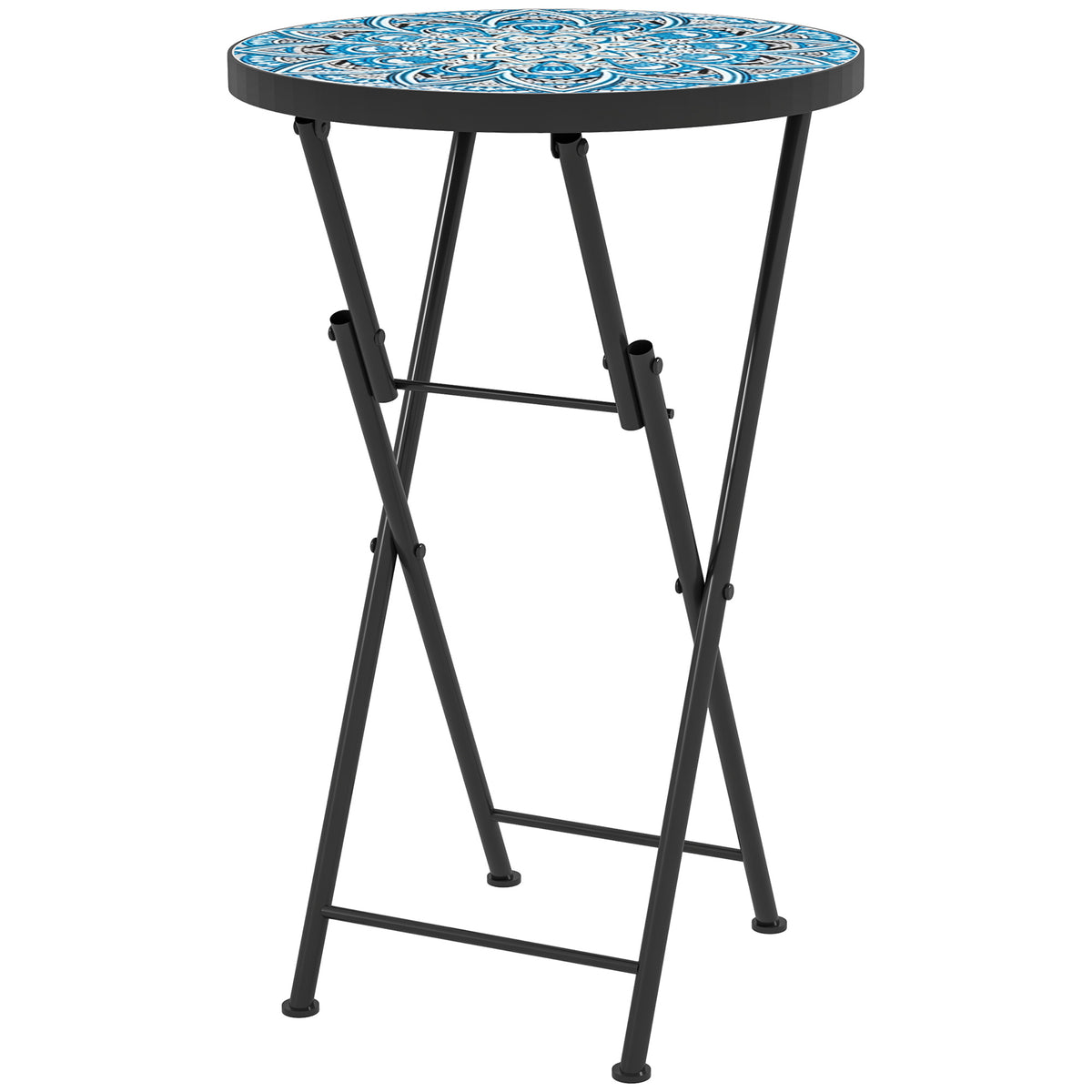Folding round Ø35.5 cm garden side table with blue and white mosaic top