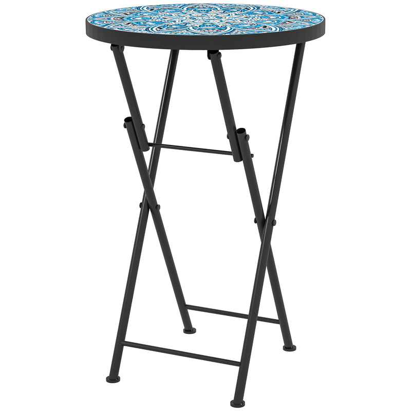 Folding round Ø35.5 cm garden side table with blue and white mosaic top