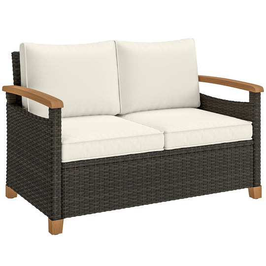 Brown 2-seater rattan garden sofa with cream cushions and acacia wood armrests