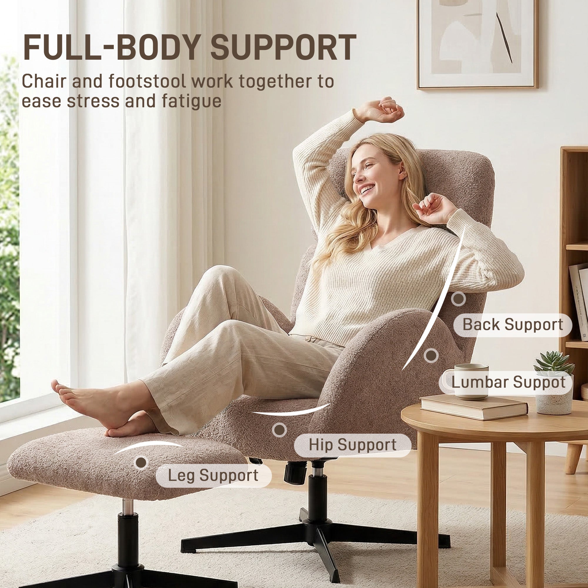 Swivel Armchair and Footstool Set, Height Adjustable Accent Chair with Adjustable Headrest, Rocking Function, Light Brown