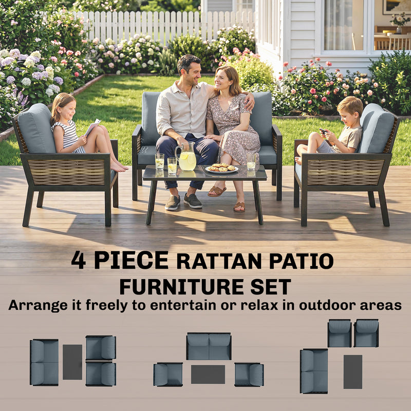 Outsunny 4 Seater Rattan Garden Furniture Set with 2 Armchairs, Loveseat, Coffee Table, Garden Sofa Set with Cushions – view 8