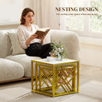 Nesting Coffee Tables, Set of 3 Square Side Tables with Gold Metal Frame, for Living Room, Bedroom and Office, White