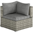 Light grey rattan corner sofa chair with padded seat cushion and two back cushions