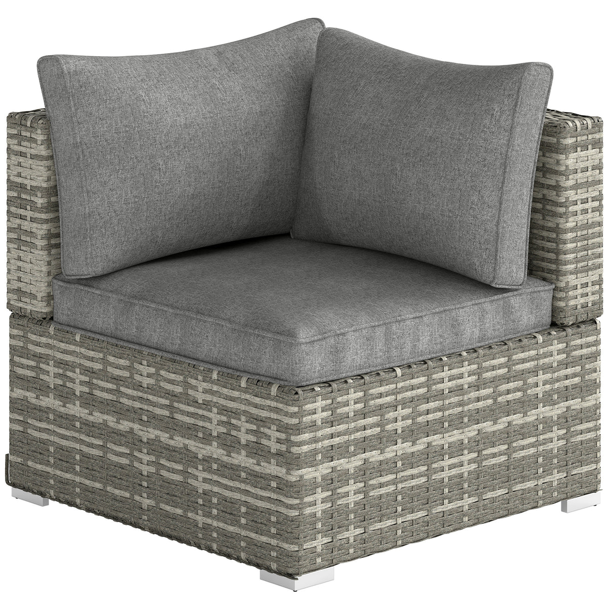 Light grey rattan corner sofa chair with padded seat cushion and two back cushions