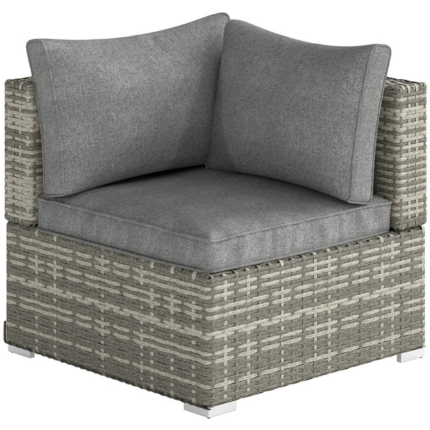 Light grey rattan corner sofa chair with padded seat cushion and two back cushions