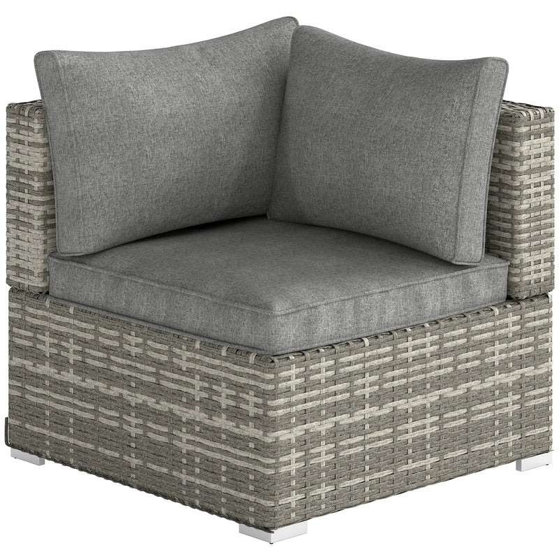 Light grey rattan corner sofa chair with padded seat cushion and two back cushions