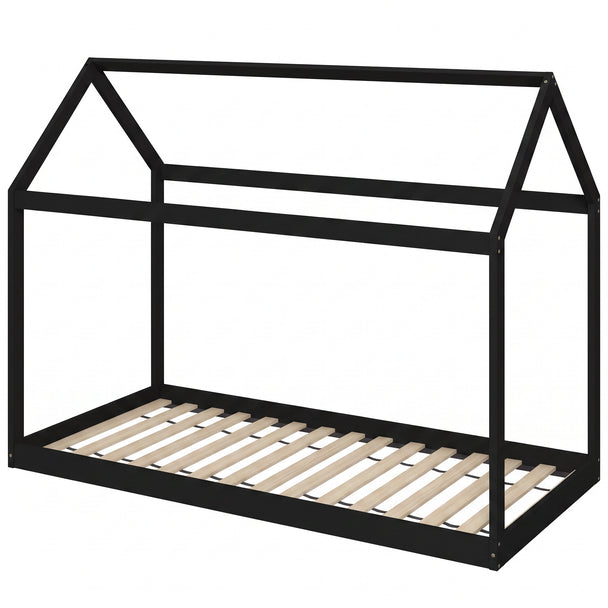 Black Scandinavian house-shaped single bed frame in pine with open roof frame