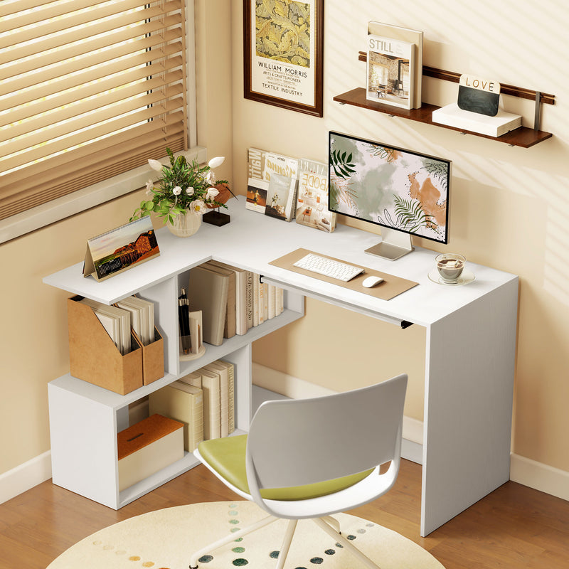 HOMCOM L-Shaped Corner Desk, Computer Desk with Keyboard Tray and Open Shelves, White Wood Effect – view 10