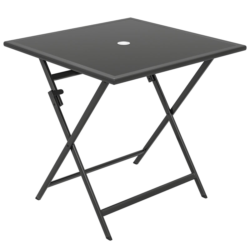 70 cm square black folding garden table with tempered glass top and parasol hole