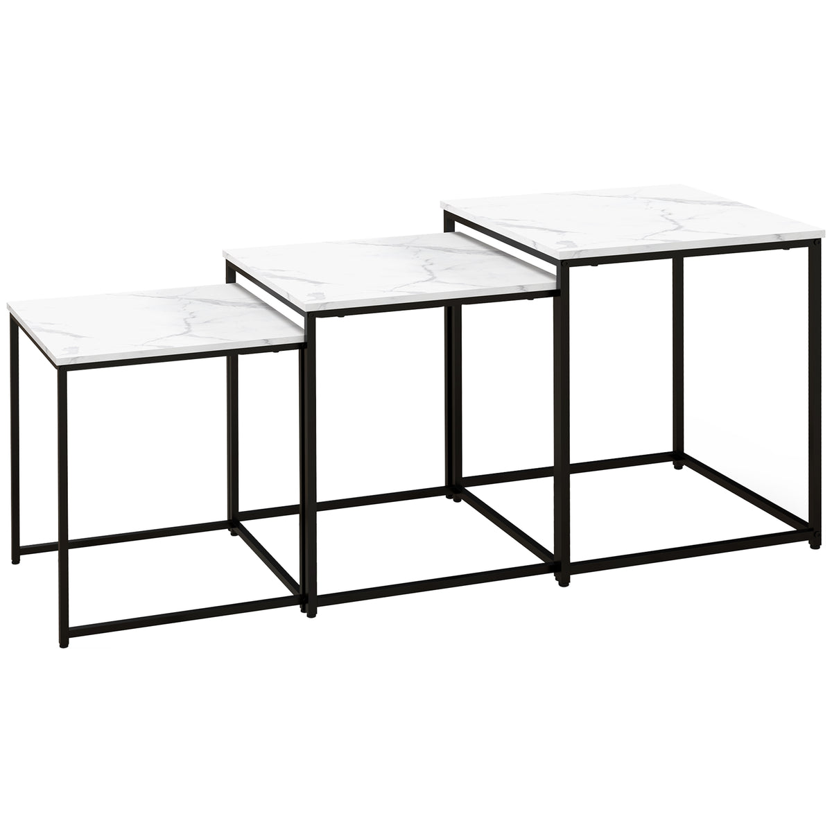 Set of 3 Marble-Effect Nesting Side Tables – White & Black