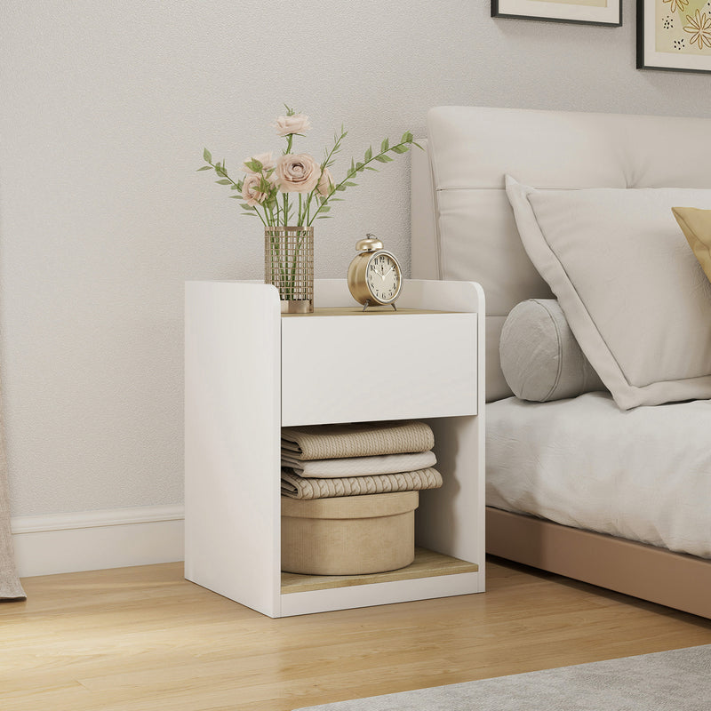 HOMCOM Modern Bedside Table, Slim Nightstand with Drawer, Shelf and Cable Holes, White and Oak – view 8