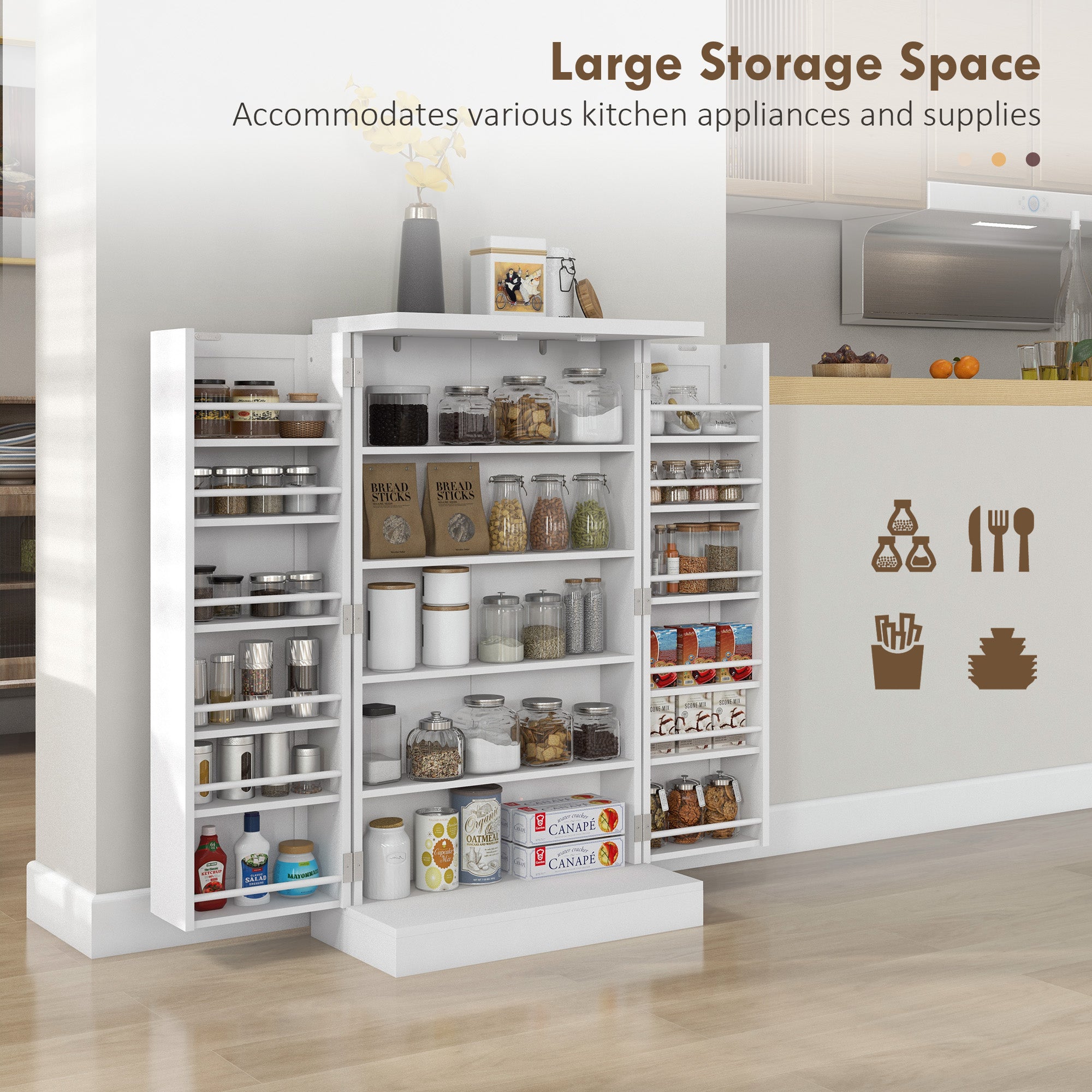 HOMCOM Freestanding Kitchen Pantry Cupboard with Adjustable Shelves & Door Racks - White