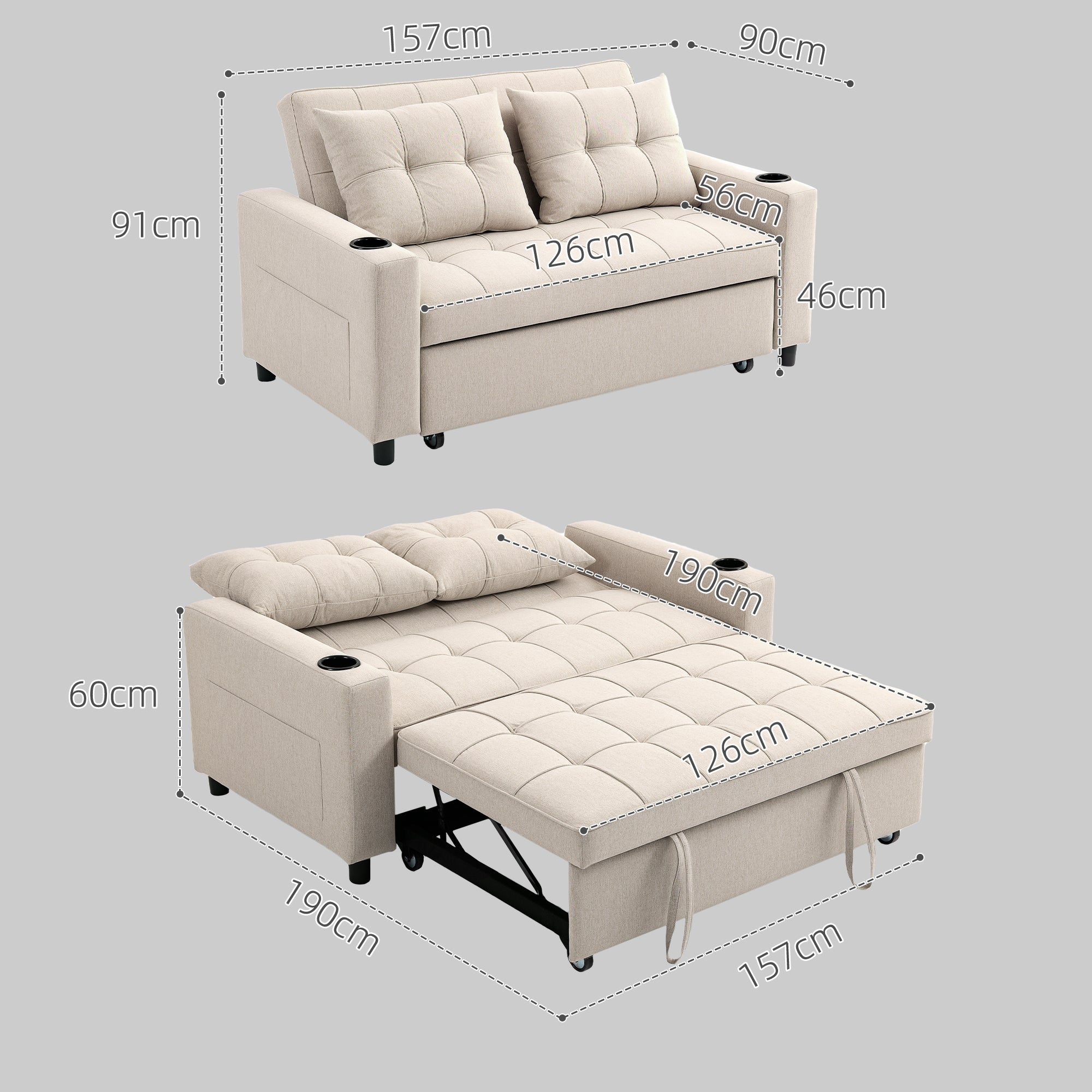 Two-Seater Pull-Out Sofa Bed - Beige
