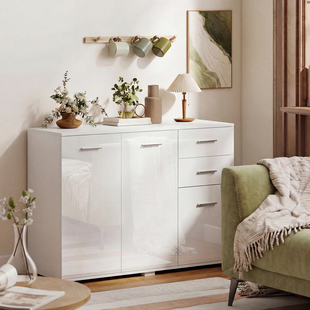 HOMCOM Sideboard, Modern Storage Cabinet with 2 Drawers, 3 Doors and Adjustable Shelves, High Gloss White – view 2
