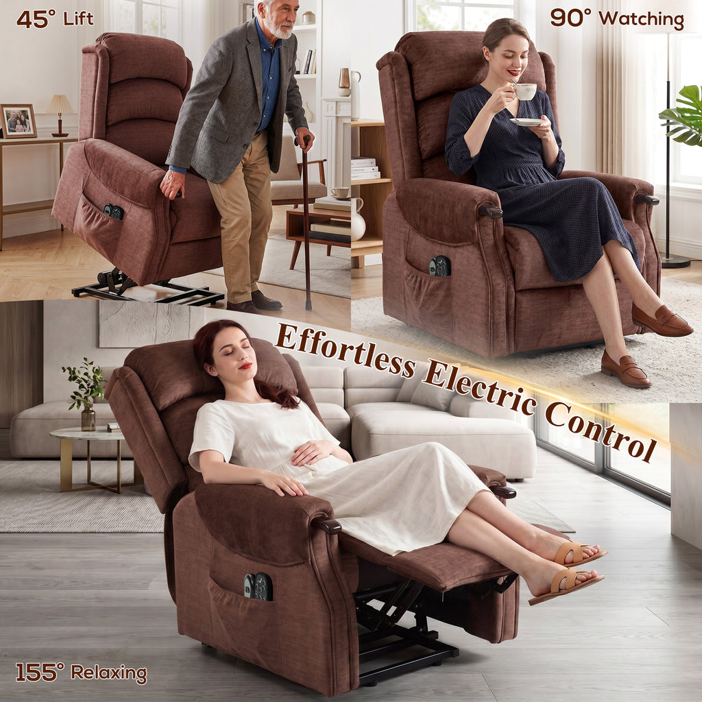 Power Lift Recliner with Vibration Massage and Heat, Lift Chair for Tall with Wood Grip, Pocket Spring, Brown