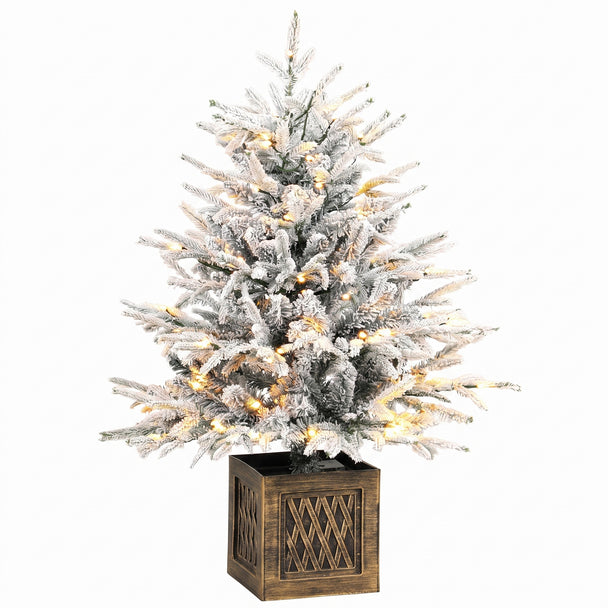 90 cm snow-flocked pre-lit tabletop Christmas tree with warm white LEDs on a wood-effect base