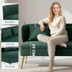 2 Seater Sofa, Linen-look Fabric Small Sofa with Wing Back, Thick Seat, Metal Legs, Dark Green