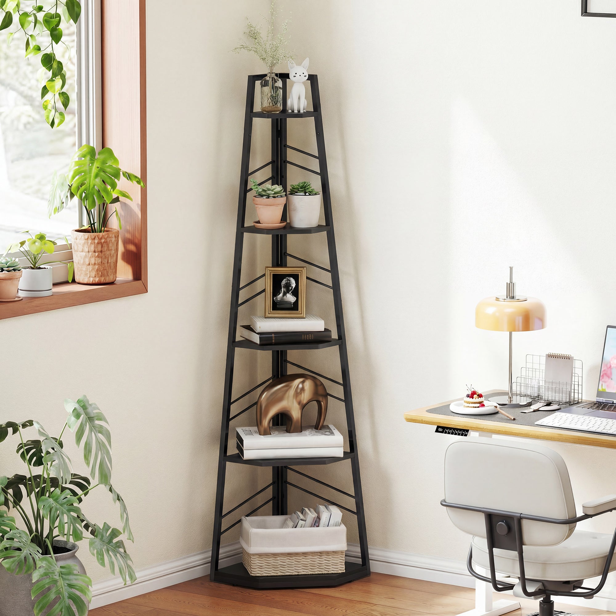 Corner Bookcase, 5-Tier Floor Standing Bookshelf, Shelving Unit for Living Room, Study, Bedroom, Black