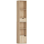 6-Tier Bookcase, Tall Narrow Bookshelf with Drawer and Door - Natural Wood Finish