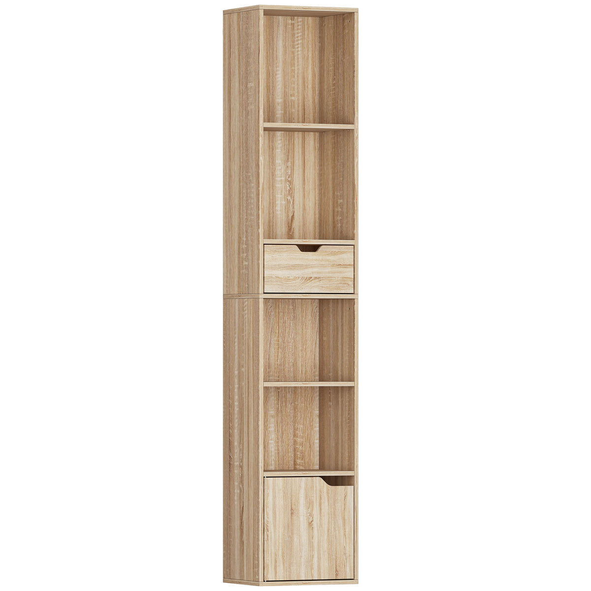 6-Tier Narrow Bookcase with Drawer & Cupboard – Natural