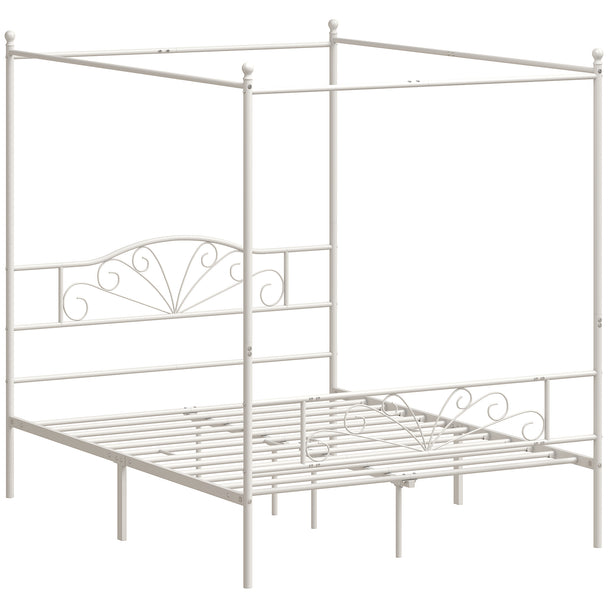 White 4ft6 double metal four-poster canopy bed frame with patterned headboard